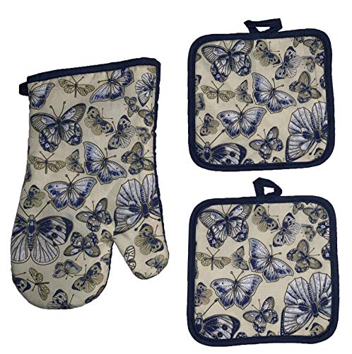 Set of 3, Butterfly Design Spring Collection Printed Decorative Non-Slip, Heat Resistant Kitchen Towel Set Includes 2 Potholder, 1 Oven Mitt.