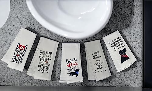 5 Pcs 100% Cotton Love My Dog Design White Funny Quote Herringbone Pattern Flour Sack Kitchen Towels Dish Towels/Dishcloths for Wedding, Baby Shower, Housewarming Gifts Size: 16 x 28 Inch.