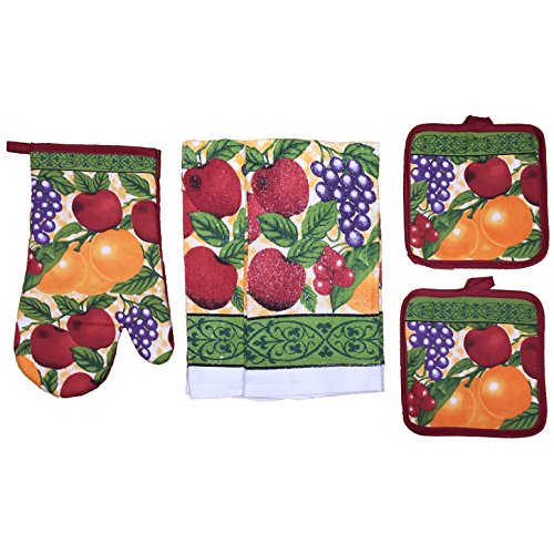 Mix Fruit (Gala Apple, Grape, Orange) Collection 100% Cotton Printed Kitchen Linen Set of 5, includes 2 Kitchen Towels, 2 Potholder & Oven mitt Kitchen Décor for Cooking, Baking, Barbecue