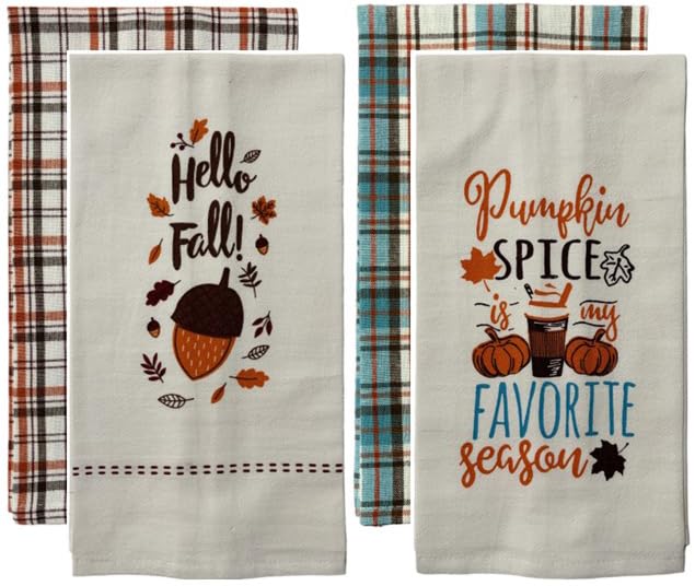 Set of 4, Flour Sack Kitchen Towels Hello Fall!, Pumpkin Spice is My Favorite Season, 2 Plaid Kitchen Towels/Flour Sack Kitchen Towels Size : 15" x 25".