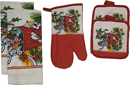 Set of 5, Poinsettia Bouquet Design Christmas /Holiday Season 100% Cotton Kitchen Towel Set, Includes 2 Kitchen Towels, 2 Potholder & Oven mitt.