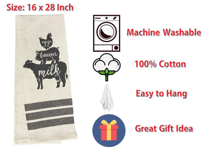 Set of 2, 100% Cotton, Chicken - Eggs, Pigs - Bacon, Cows – Milk, Farmhouse Themed Flour Sack Tea Towel/Kitchen Towel for Wedding, Baby Shower, Home Decor, Housewarming 16 X 28 Inch.