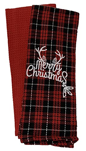 Set of 4, Red and Black Buffalo Plaid Quote Merry Christmas, 100% Cotton Herringbone Pattern and Red Waffle Weave Kitchen Towel / Tea Towels Soft and Absorbent Size: 16” x 28".