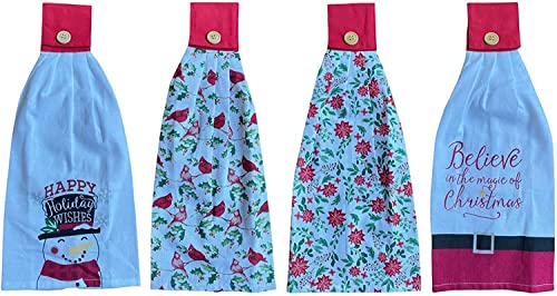 Set of 4, Christmas Tie Kitchen Towels 100% Cotton, Snowman Happy Holiday Wishes, Cardinal, Red Poinsettia Flower, Believe in The Magic of Christmas.Size: 16" x 18" x 3.5".