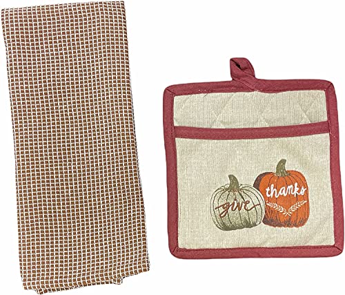 Set of 2, Kitchen Towel, Potholder Set with Pumpkin Sentiment give Thanks Autumn / Fall / Halloween Design Kitchen Towel Set.