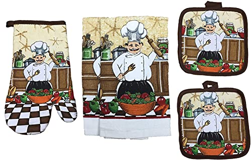 Italian Chef Collection 100% Cotton Printed Kitchen Linen Set of 5, includes 2 Kitchen Towels, 2 Potholder, 1 Oven mitt Kitchen Décor for Cooking, Baking, Barbecue