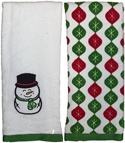 Set of 2, 100% Cotton Snowman Design with Emboridary Christmas Kitchen Towels Soft and Absorbent Size: 16” x 26".