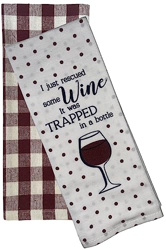 Set of 4, I just Rescued Some Wine, it was trapped in a Bottle, White and Burgundy Buffalo Plaid Kitchen Towels, Super Soft and Absorbent Size: 15 X 25 inch.