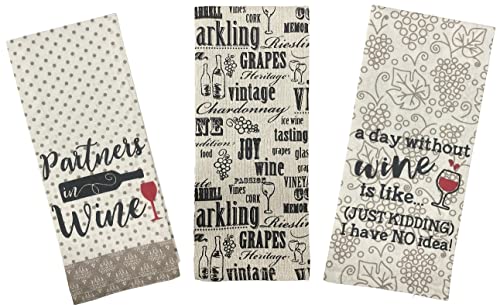 Wine Lovers Printed Flour Sack Kitchen Towels/Dish Towels Set of 3, 15x25 Inch, Funny Saying Kitchen Towel, Partners in Wine, a Day Without Wine is Like …, Heritage Vintage Grape Design.