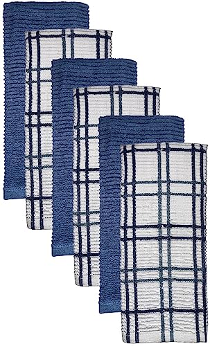 Premium Cotton Set of 6, 3 Windowpane Terry Kitchen Towels Dish Towels and 3 Solid Kitchen Towels 425 GSM, Soft and Highly Absorbent, Machine Washable Size: 16 x 26 Inch.