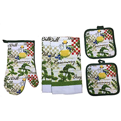 Herbes Collection Rosemary, Olive Oli, Oregano Design 100% Cotton Printed Kitchen Linen Set of 5, includes 2 Kitchen Towels, 2 Potholder, 1 Oven mitt Kitchen Décor for Cooking, Baking, Barbecue