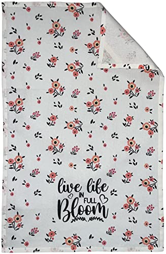 Set of 4, 100% Cotton, Spring Flower with Sentiment Live Life in Full Bloom Kitc