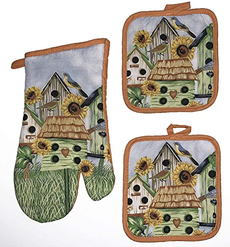 Set of 3, Sunflower Bird House Collection Printed Decorative Non-Slip, Heat Resistant Kitchen Towel Set Includes 2 Potholder, 1 Oven Mitt.