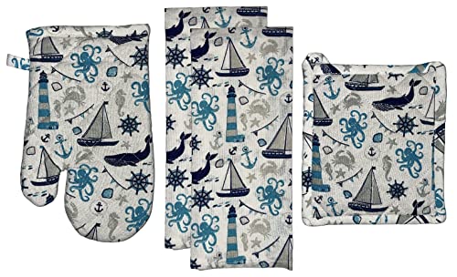 Set of 4, 100% Cotton, Coastal Nautical Fish Design, Kitchen Towel Set, Include