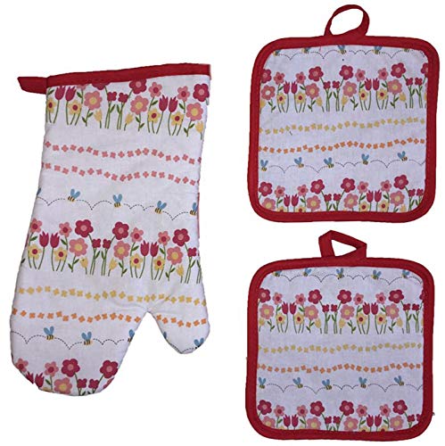 Set of 5, Spring Flower with Butterfly Collection Printed Decorative Kitchen Towel Set Includes 2 Kitchen Towel, 2 Pot Holder, 1 Oven Mitt.