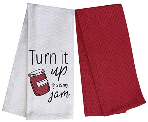 Set of 2, 100% Cotton White Herringbone Funny Kitchen Towels Turn it up This is My jam and Plain Red Kitchen Towels Size: 16 X 28 Inch.