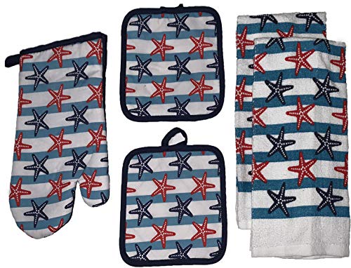 Set of 5, Nautical Coastal Starfish Design Printed Decorative Kitchen Towel Set