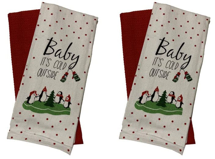 Set of 4, Snowman with Christmas Tree Quote Baby it’s Cold Outside, 100% Cotton Herringbone Pattern and Red Waffle Weave Kitchen Towel / Tea Towels Soft and Absorbent Size: 16” x 28".