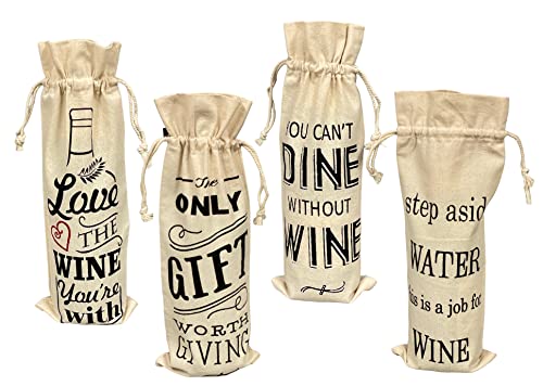 Set of 4, Everyday 100% Cotton Wine bag with Drawstring and Saying, Reusable wine bag, Perfect gift for Everyday or Holiday Season Size: 13 x 5 Inch.