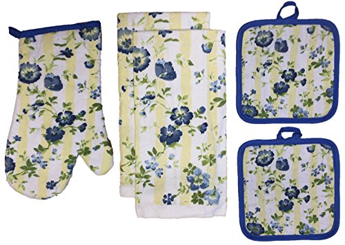 Set of 5, Blue Flower Spring Collection Printed Decorative Kitchen Towel Set Includes 2 Kitchen Towel, 2 Pot Holder, 1 Oven Mitt.