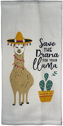 100% Cotton Herringbone Funny Quote Save The Drama for Your Llama Flour Sack Kitchen Towel Soft and Absorbent Tea Towel / Hand Towels with Hanging Loop Size: 16 X 28 Inch.