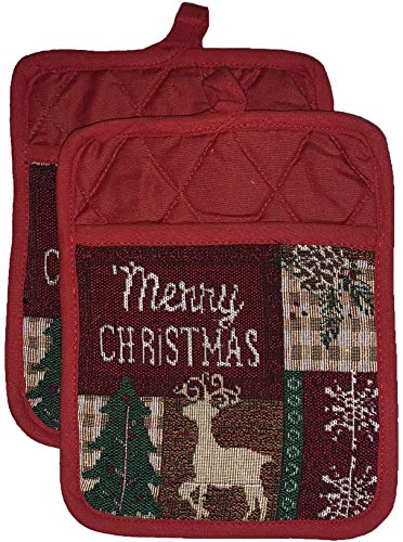 Christmas Tapestry 10 Pcs Kitchen Set Patch Frame Design Panda Bear, Let it Snow, Deer, Snowflakes Saying Merry Christmas for Holiday Season, 4 Placemats, 2 Kitchen Towels, 2 Oven Mitts, 2 Pot Holders