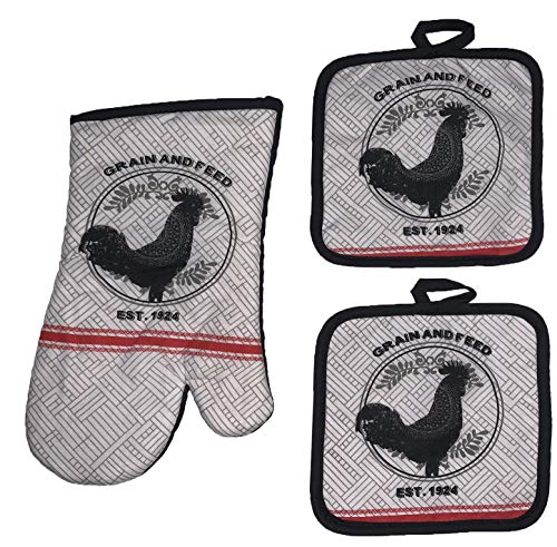 Set of 5, Black Rooster Printed Decorative Kitchen Towel Set Includes 2 Kitchen Towel, 2 Pot Holder, 1 Oven Mitt.