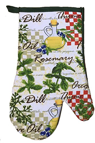 Herbes Collection Rosemary, Olive Oli, Oregano Design 100% Cotton Printed Kitchen Linen Set of 5, includes 2 Kitchen Towels, 2 Potholder, 1 Oven mitt Kitchen Décor for Cooking, Baking, Barbecue