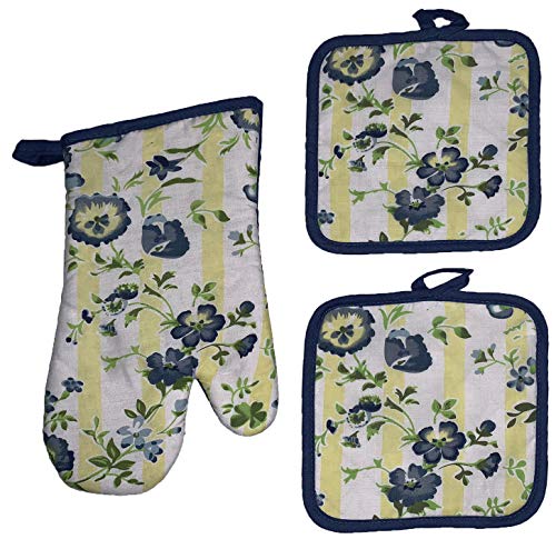 Set of 3, Blue Flower Spring Collection Printed Decorative Non-Slip, Heat Resistant Kitchen Towel Set Includes 2 Potholder, 1 Oven Mitt.