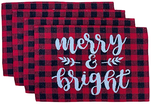 Set of 4, Red and Black Buffalo Plaid Tapestry Placemats with Merry & Bright for Holiday Season, Home Decoration Kitchen Dining Table, Perfect for Party or Gifts. Easy to Clean Size: 13" x 19".