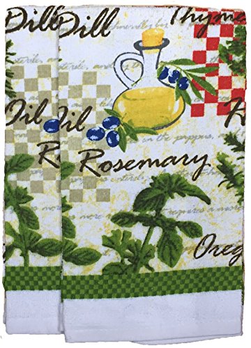 Herbes Collection Rosemary, Olive Oli, Oregano Design 100% Cotton Printed Kitchen Linen Set of 5, includes 2 Kitchen Towels, 2 Potholder, 1 Oven mitt Kitchen Décor for Cooking, Baking, Barbecue