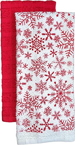 Set of 4, 100% Cotton 2 Pcs Snowflakes Design Christmas Kitchen Towels and 2 Pcs Solid Red Terry Towels, Soft and Absorbent Size: 16” x 26".