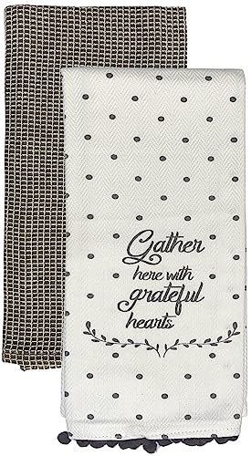 Set of 2, 100% Cotton White Herringbone Pom Poms Funny Kitchen Towels Saying, Gather here with Grateful Hearts and Grey Dyed Waffle Weave Kitchen Towels/Dish Towels Size: 16 X 28 Inch.