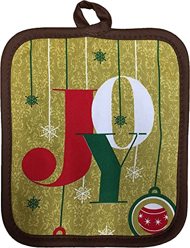 Set of 4, Christmas Bulbs, Snowflakes, Christmas Tree Sentiment Joy with Golden Theme Design Christmas 100% Cotton Kitchen Towel Set, Includes, 2 Potholder, Kitchen Towel, Oven mitt.