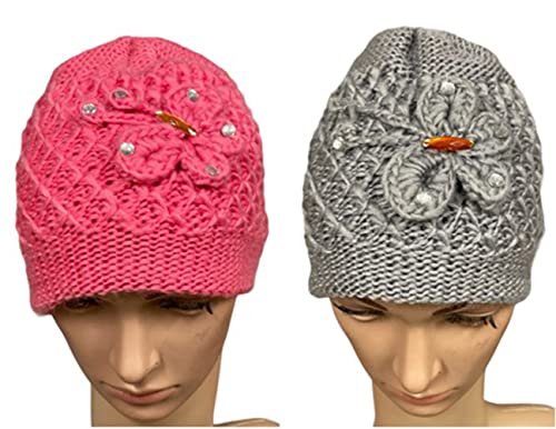 2 Pcs, Womens Wool Knitted Crochet Beanie Hat with Flower for Cold Weather Protection - One Size fits Most.