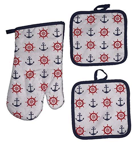 Set of 3, Nautical Coastal Anchor Wheel Design Printed Decorative Non-Slip, Heat Resistant Kitchen Towel Set Includes 2 Potholder, 1 Oven Mitt.