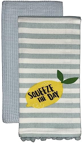 Set of 2, 100% Cotton White Herringbone Pom Poms Funny Kitchen Towels with Lemon Saying, Squeeze The Day and Sky-Blue Dyed Waffle Weave Kitchen Towels/Dish Towels Size: 16 X 28 Inch.