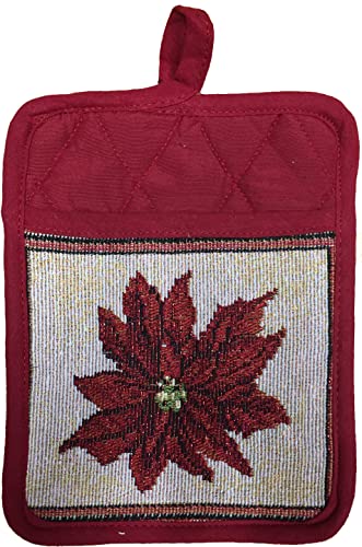 Set of 10, Red Poinsettia Flower Christmas Design Tapestry Kitchen Towel Set, Include 4 Placemats, 2 Kitchen Towels, 2 Pot Holder & 2 Oven mitt.