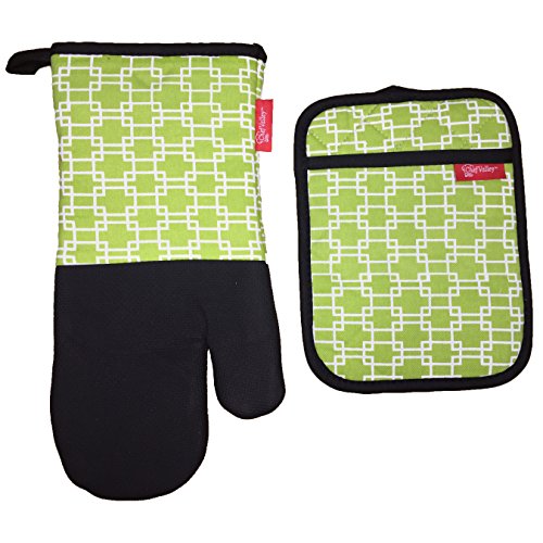 2 Pcs, 100% Cotton Fabric and Neoprene Kitchen Sets, 1 Oven Mitt and 1 Pot Holde