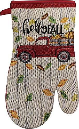 Set of 8, Red Antique Truck and Pumpkin Quote Hello Fall Design Tapestry Kitchen Towel Set, Include 4 Placemats, 2 Kitchen Towels, Potholder & Oven mitt.