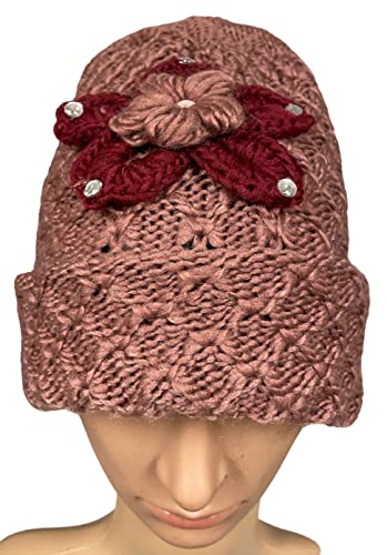 2 Pcs, Women Wool Knitted Crochet Insulated Beanie Hat with Flower for Winter Cold Weather Protection. (Mauve and Burgundy)