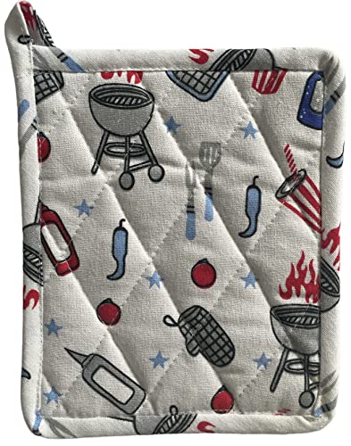 Set of 4, 100% Cotton Americana Theme Design Quilted Hanging Loop Kitchen Sets with Sentiments Barbeque Grill & Utensils Include 2 Kitchen Towels, Potholder & Oven mitt.