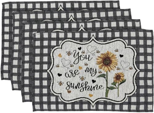 Set of 4, You are My Sunshine Sunflower and Bee Printed Tapestry placemats for Dining Table, Table mat for Kitchen Table, Spring and Summer Easy to Clean, Size: 13 x 19 Inches.