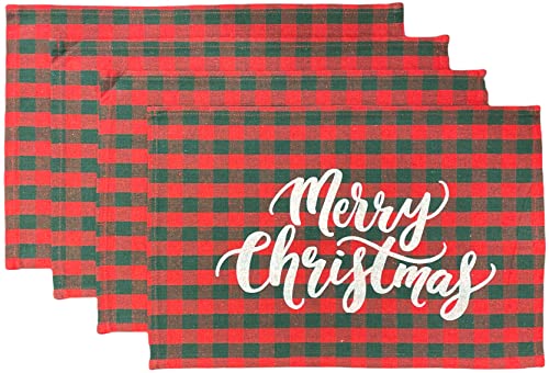 Set of 4, Christmas Red and Black Buffalo Plaid with Merry Christmas Tapestry Placemats for Holiday Season, Home Decoration Kitchen Dining Table Easy to Clean Size: 13" x 19".