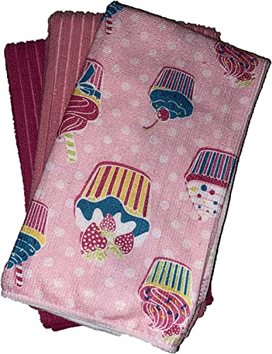 Set of 6, Cupcake Design Microfiber Kitchen Towels / Bar Mop, Ultra-Absorbent &