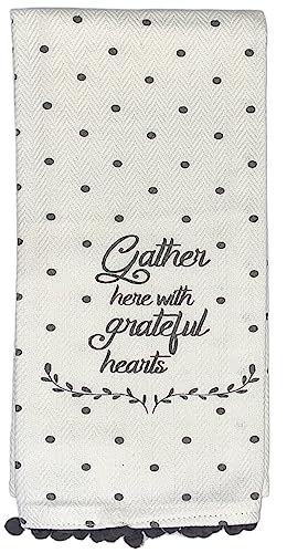 Set of 2, 100% Cotton White Herringbone Pom Poms Funny Kitchen Towels Saying, Gather here with Grateful Hearts and Grey Dyed Waffle Weave Kitchen Towels/Dish Towels Size: 16 X 28 Inch.