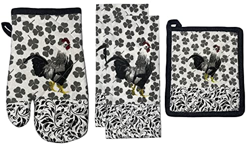 Set of 4, 100% Cotton Black & White Roosters Theme Farmhouse Kitchen Towels Set