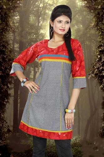 Tunic for Women Black and White, Red with Leaf Round Neck Multi Stipes, 3/4 Sleeves, Long Kurta, Kurti, Tunic, Top.