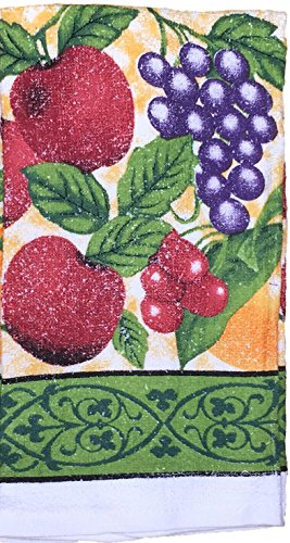 Mix Fruit (Gala Apple, Grape, Orange) Collection 100% Cotton Printed Kitchen Linen Set of 5, includes 2 Kitchen Towels, 2 Potholder & Oven mitt Kitchen Décor for Cooking, Baking, Barbecue