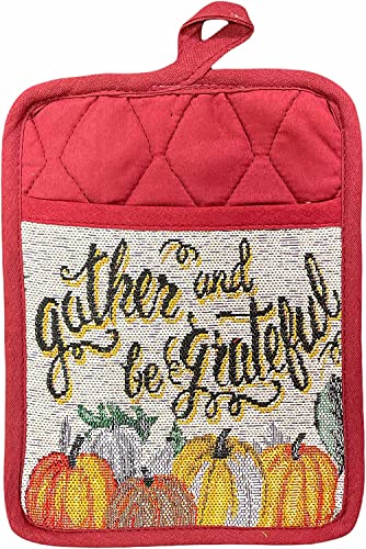 Set of 8, Gather and be Grateful with Pumpkin, Leaf Tapestry Kitchen Towel Set Includes 4 Placemat, 2 Kitchen Towels, 1 Pot Holder, 1 Oven Mitt.